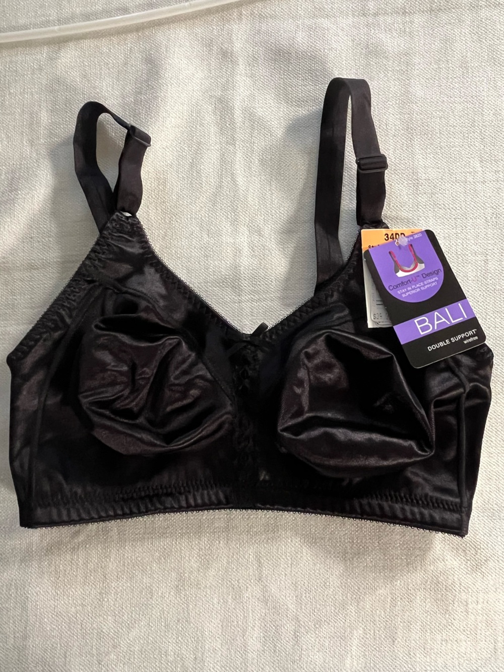 Bali Double Support Satin-Look Black Bra 34DD NWT